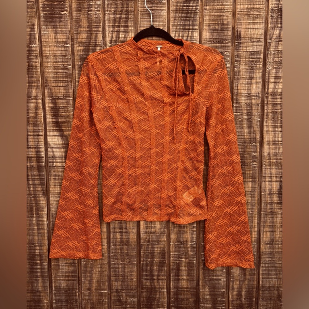 Free People Burnt Orange Mesh Bell Long Sleeve Blouse - Picture 2 of 14
